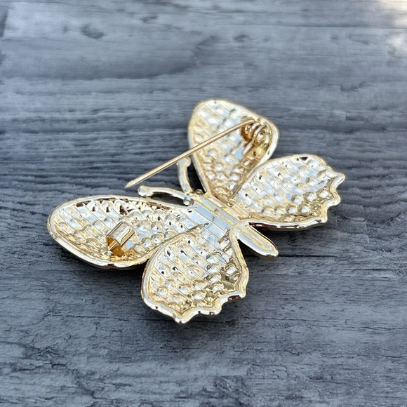 Butterfly Brooch Pin Pave Goldtone Metal Multicolored Crystals Modern - Picture 9 of 11